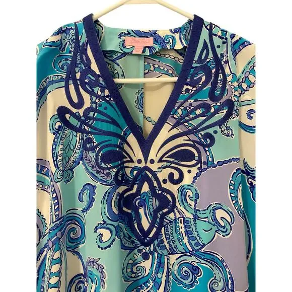 Lilly Pulitzer Sydney Silk Caftan Dress XS Blue Preppy Beach Resortwear - Picture 4 of 13